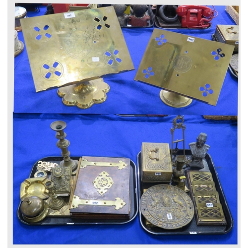 392 - Two brass ecclesiastical lecterns, a large embossed Milner's Patent Safe plate, latticed letter rack... 