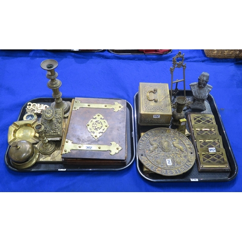 392 - Two brass ecclesiastical lecterns, a large embossed Milner's Patent Safe plate, latticed letter rack... 