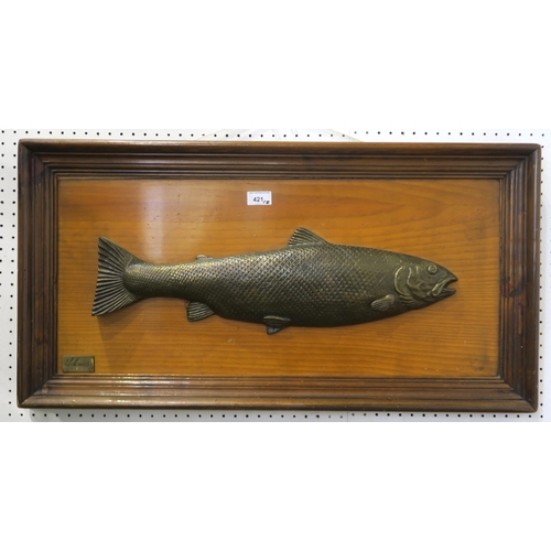 421 - A heavy cast metal salmon wall plaque, measuring approx. 82cm x 42cm; together with a framed print t... 