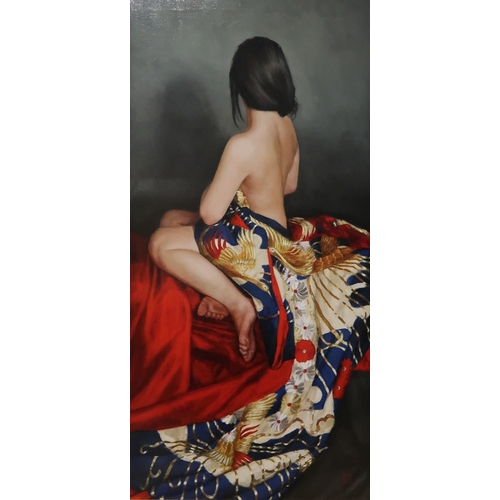 3003 - STEPHANIE REW (SCOTTISH B.1971)GIRL AND KIMONOOil on canvas, signed lower right, 98 x 48cm (38.5 x 1... 