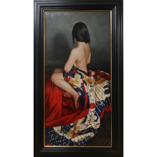 3003 - STEPHANIE REW (SCOTTISH B.1971)GIRL AND KIMONOOil on canvas, signed lower right, 98 x 48cm (38.5 x 1... 