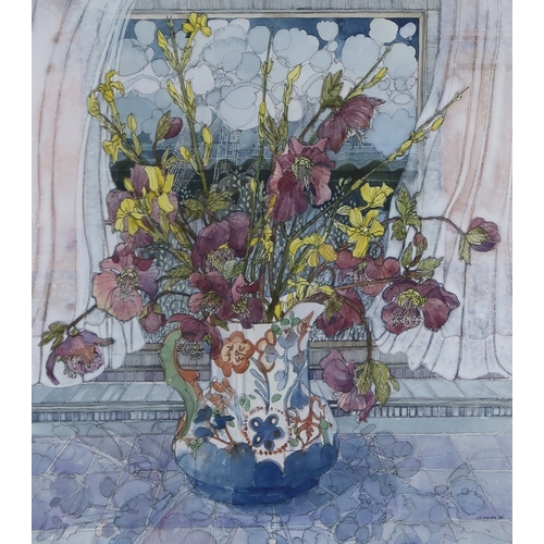 3011 - UNA SHANKS (SCOTTISH B.1940)HELLEBORUS AND FORSYTHIAWatercolour and ink, signed lower right, dated 1... 