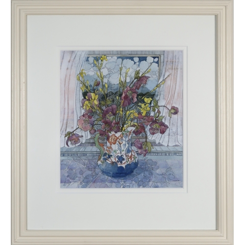 3011 - UNA SHANKS (SCOTTISH B.1940)HELLEBORUS AND FORSYTHIAWatercolour and ink, signed lower right, dated 1... 