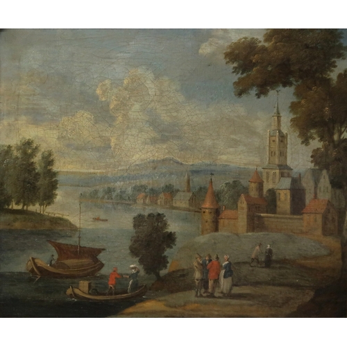 3018 - CONTINENTAL SCHOOL C1800RIVER LANDSCAPE WITH FIGURESOil on canvas, 28 x 33.5cm (11 x 13