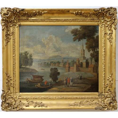 3018 - CONTINENTAL SCHOOL C1800RIVER LANDSCAPE WITH FIGURESOil on canvas, 28 x 33.5cm (11 x 13