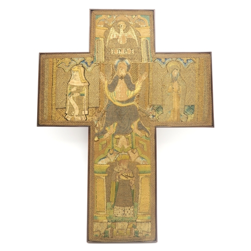 2666A - A 19th CENTURY SILK EMBROIDERED BIBLICAL CROSSWith a central depiction of Christ under initialism IN... 