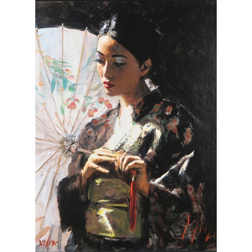 3034 - AFTER FABIAN PEREZMICHIKO WITH WHITE UMBRELLAGiclee print on canvas, signed and numbered, 60 x 45cm ... 