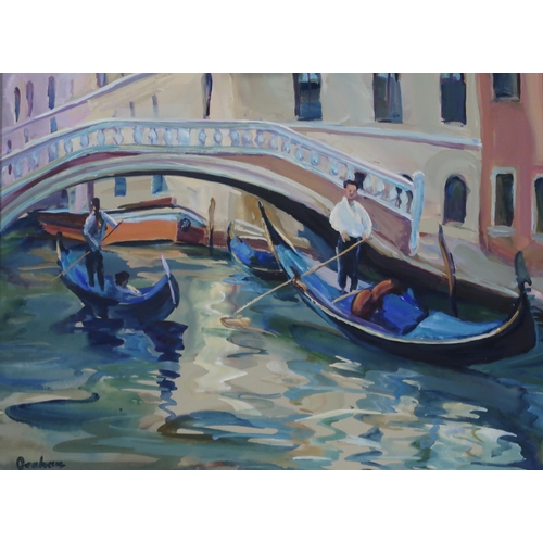 960 - JOSEPHINE GRAHAM (SCOTTISH b.1930) PASSING GONDOLAS Oil on board, signed lower left, 25 x ... 