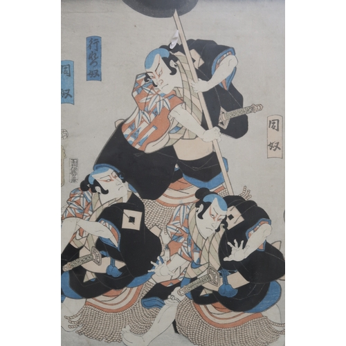 2422 - AFTER TOYOKUNI A Kabuki play,woodblock print,34 x 22cm,two Chinese portraits on silk,44 x 29cm (3)... 