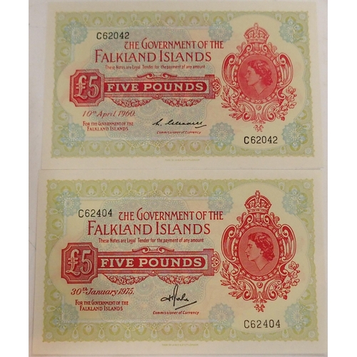 293 - Falkland Islands (British Overseas Territories) £5 1960 and 1975 Bank NotesObverseElizabeth II at ri... 