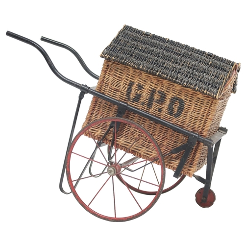 2100 - A CIRCA 1940 TRI-ANG G.P.O WICKER THREE WHEEL DELIVERY CART with detachable wicker hinged top l... 