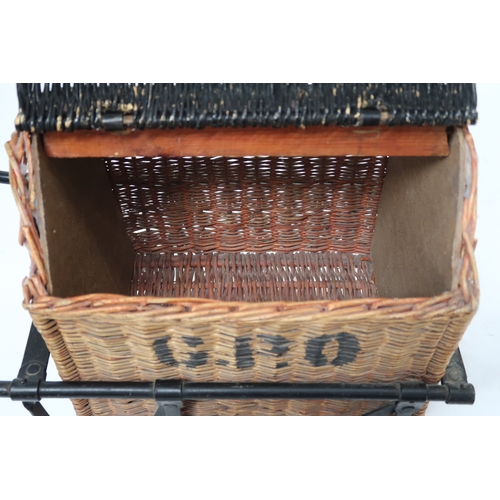 2100 - A CIRCA 1940 TRI-ANG G.P.O WICKER THREE WHEEL DELIVERY CART with detachable wicker hinged top l... 