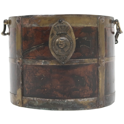 2045 - A 19TH CENTURY IRISH BRASS BOUND TWIN HANDLED BUCKET bearing brass plaque depicting the crown a... 