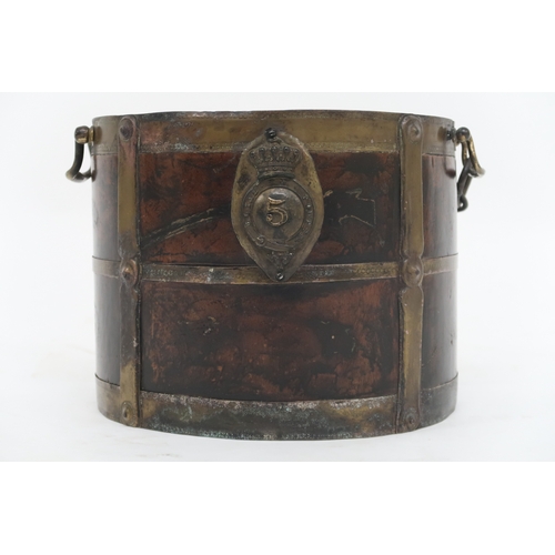 2045 - A 19TH CENTURY IRISH BRASS BOUND TWIN HANDLED BUCKET bearing brass plaque depicting the crown a... 