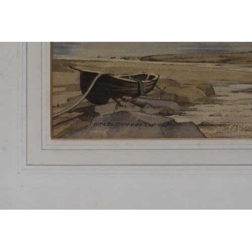 905 - IAN BUCHANAN DUNLOP (SCOTTISH 1900-1979) LOCHSIDE VILLAGE Watercolour, signed lower left, 24.5 x 35c... 