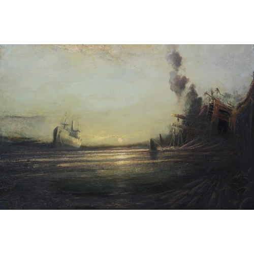 907 - GEOFFREY ROPER (ENGLISH b.1942) SHIPWRECK, INVERKEITHING Oil on canvas, dated 1970, 61 x 91cm Signed... 