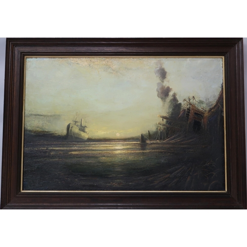 907 - GEOFFREY ROPER (ENGLISH b.1942) SHIPWRECK, INVERKEITHING Oil on canvas, dated 1970, 61 x 91cm Signed... 