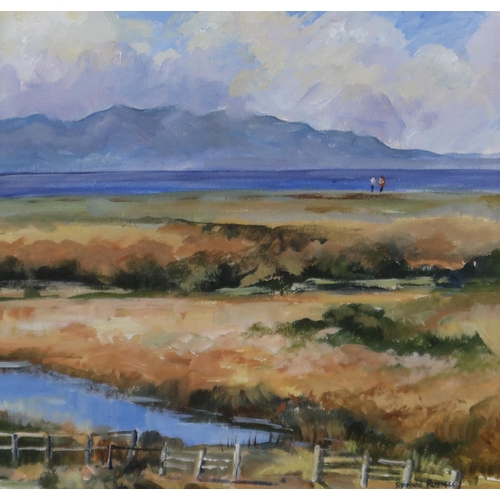 917 - RONNIE RUSSELL (SCOTTISH SCHOOL) QUIET WALK BY THE LOCH Oil on board, signed lower right, ... 