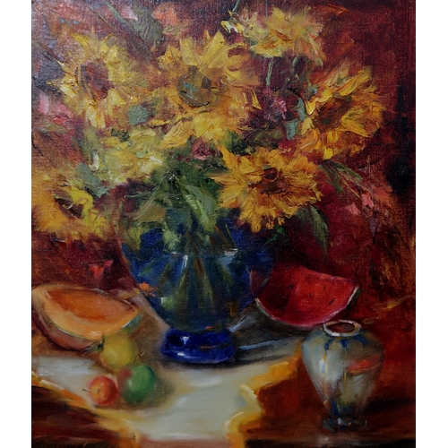 922 - MARY DOLPH WOOD (AMERICAN SCHOOL) SUNFLOWERS AND MELONS Oil on canvas, signed lower left, 71 x 61cm ... 