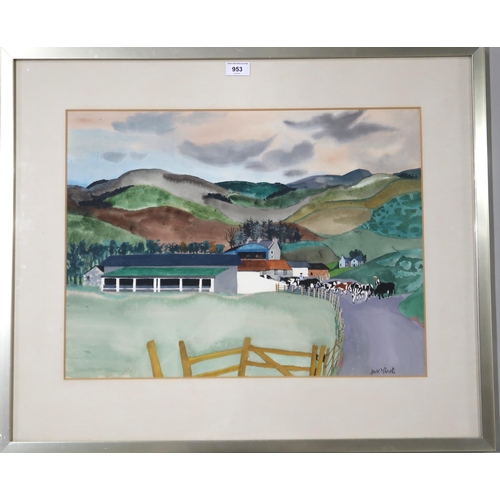 953 - JACK FIRTH RSW (SCOTTISH 1917-2010) BORDER FARM WITH COWS Watercolour and pencil on paper, signed lo... 