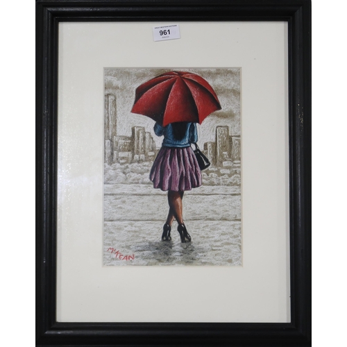 961 - GRAHAM MCKEAN (SCOTTISH b.1962) GIRL WITH RED UMBRELLA Charcoal, signed lower left, 28 x 2... 