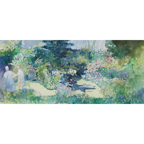 966 - TOM HOVELL SHANKS RSW RGI PAI (SCOTTISH 1921-2020) A STOLL IN THE GARDEN Watercolour, sign... 