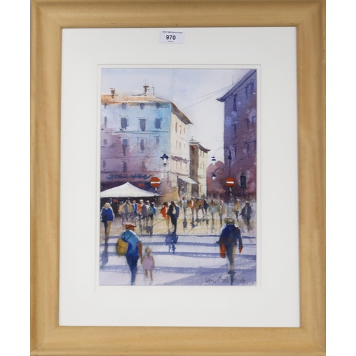 970 - IAN ROLLAND (BRITISH CONTEMPORARY) BUSY CROSSROADS Watercolour, signed lower right, 35 x 2... 