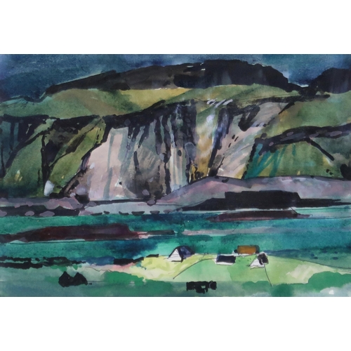 971 - TOM HOVELL SHANKS RSW RGI PAI (SCOTTISH 1921-2020) AT THE FOOT OF THE CLIFF Watercolour, 1... 