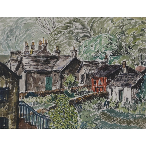 984 - TOM HOVELL SHANKS RSW RGI PAI (SCOTTISH 1921-2020) OUT HOUSES, KILMUN Watercolour and ink ... 