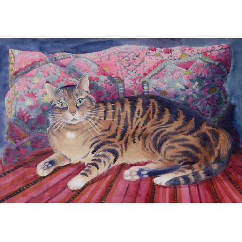 993 - JUNE SHANKS (SCOTTISH CONTEMPORARY) CAT ON A PINK AFGAN CUSHION Watercolour, signed lower ... 