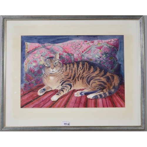 993 - JUNE SHANKS (SCOTTISH CONTEMPORARY) CAT ON A PINK AFGAN CUSHION Watercolour, signed lower ... 