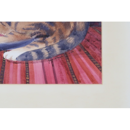 993 - JUNE SHANKS (SCOTTISH CONTEMPORARY) CAT ON A PINK AFGAN CUSHION Watercolour, signed lower ... 