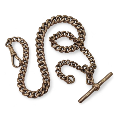 701 - A 9ct rose gold tapered fob chain. Stamped .375 9 to every link, the 'T' bar  and the clasp. Le... 