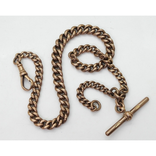 701 - A 9ct rose gold tapered fob chain. Stamped .375 9 to every link, the 'T' bar  and the clasp. Le... 