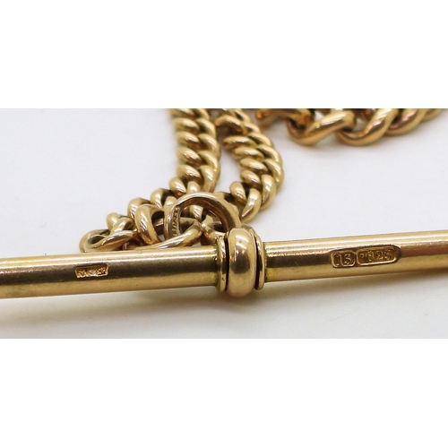 702 - A 15ct gold tapered fob chain, hallmarked 15 .625 to every link , 'T'bar and clasp. Length 41cm, wei... 