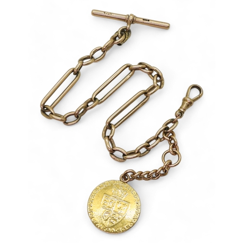 703 - A 9ct gold fancy link fob chain, hallmarked 9.375 to every link the 'T'bar and and clasp. Length 26c... 