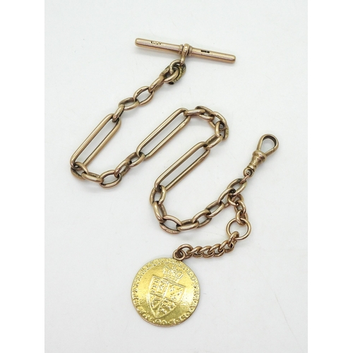 703 - A 9ct gold fancy link fob chain, hallmarked 9.375 to every link the 'T'bar and and clasp. Length 26c... 