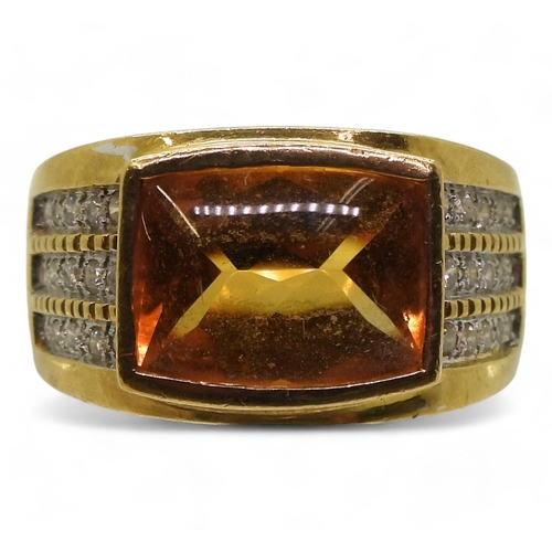 711 - A bright yellow metal fancy cut citrine and diamond ring, set with estimated approx 0.25cts of brill... 