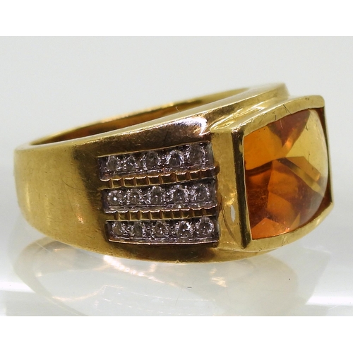 711 - A bright yellow metal fancy cut citrine and diamond ring, set with estimated approx 0.25cts of brill... 