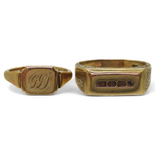 715 - Two 9ct gold signet rings, a retro example with prominent hallmarks to the front, size T1/2, togethe... 