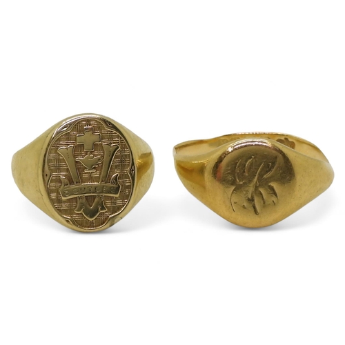 716 - An 18ct gold signet ring, size O, weight 3.8gms, together with a 10K gold example size G, weight 3.5... 