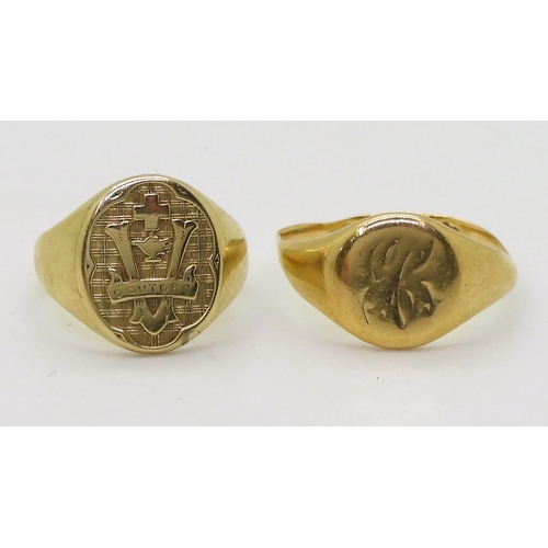 716 - An 18ct gold signet ring, size O, weight 3.8gms, together with a 10K gold example size G, weight 3.5... 