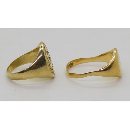 716 - An 18ct gold signet ring, size O, weight 3.8gms, together with a 10K gold example size G, weight 3.5... 