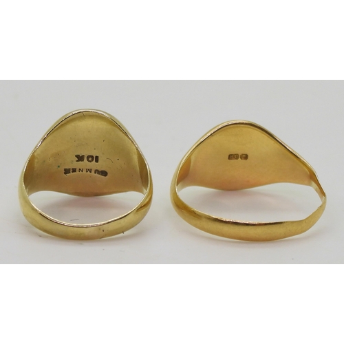 716 - An 18ct gold signet ring, size O, weight 3.8gms, together with a 10K gold example size G, weight 3.5... 