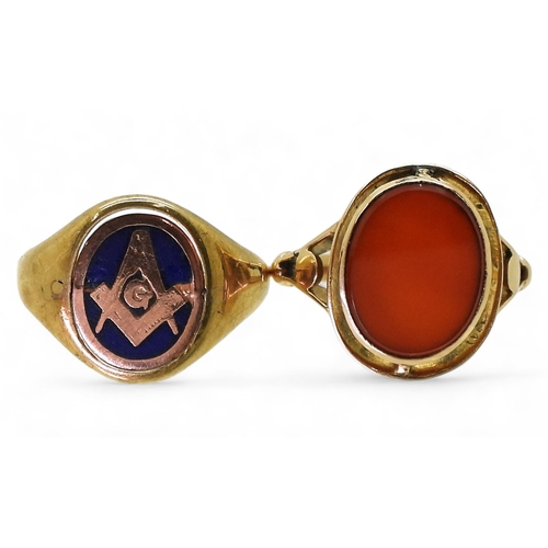 719 - A 9ct gold Masonic swivel signet ring, size Q,with a yellow metal signet ring set with carnelian, si... 