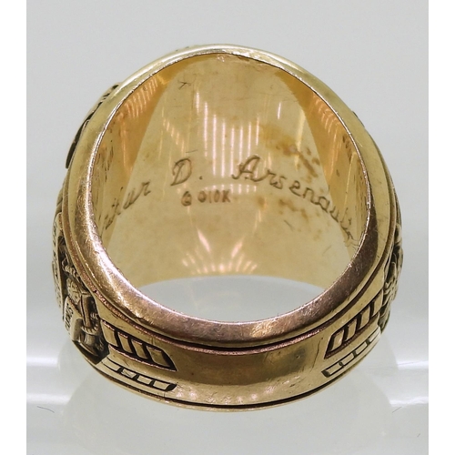 722 - A yellow metal American College ring, stamped 10K, for the Massachusetts Maritime Academy 1998, size... 