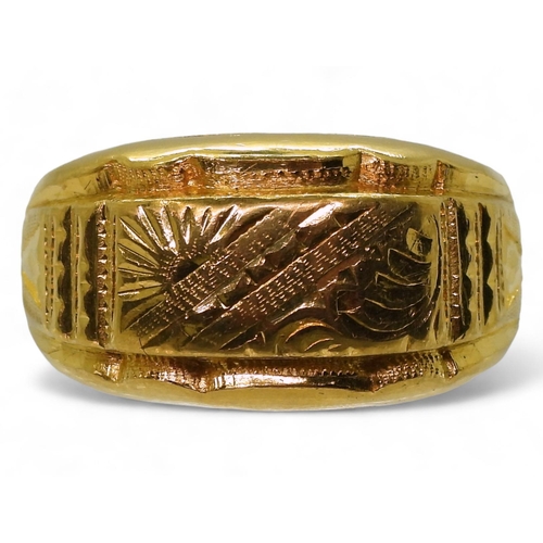 724 - A bright yellow metal dome ring with engraved detail, stamped with Chinese characters 96.9%, finger ... 