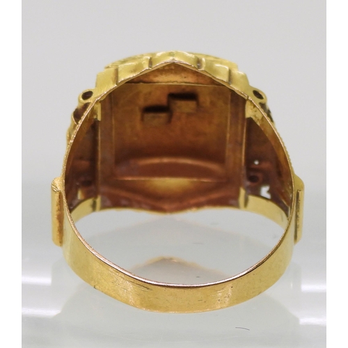 726 - A bright yellow metal ring, with enamelled panel of a serpent, stamped 90% with further Chinese char... 