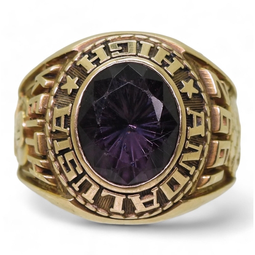 732 - A Jostens brand 10K American college ring, for Andalusia High 1992, set with a purple glass gem, siz... 