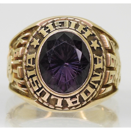 732 - A Jostens brand 10K American college ring, for Andalusia High 1992, set with a purple glass gem, siz... 